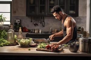 AI generated muscular man cutting salad Generative AI photo