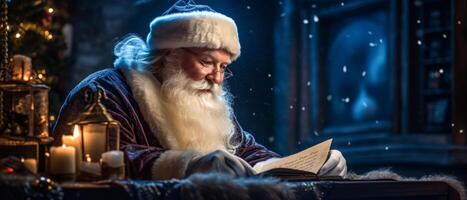 ai generado Papa Noel claus leyendo letras desde niños generativo ai foto