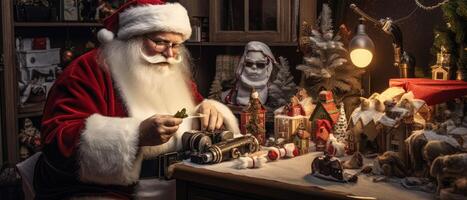 AI generated Santa Claus makes gifts for children Generative AI photo