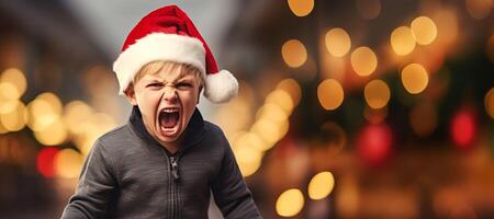 AI generated angry child in a Santa Claus hat Generative AI photo