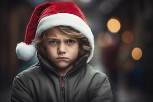 ai generado enojado niño en un Papa Noel claus sombrero generativo ai foto