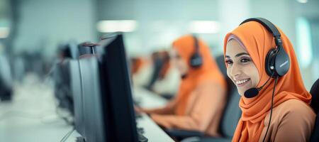 AI generated Muslim woman in hijab working in a call center Generative AI photo