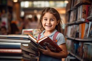 ai generado niño en el biblioteca generativo ai foto