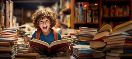 ai generado niño en el biblioteca generativo ai foto