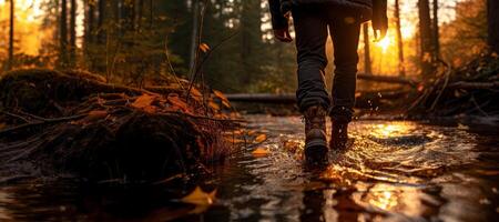 ai generado un turista camina mediante el otoño bosque generativo ai foto