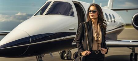 AI generated business woman on the runway near a private plane jet Generative AI photo