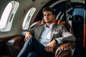 AI generated business man in the cabin of a private plane Generative AI photo