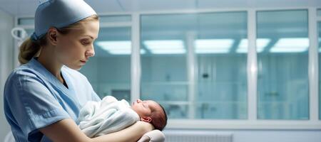 ai generado recién nacido bebé en el manos de un salud trabajador generativo ai foto