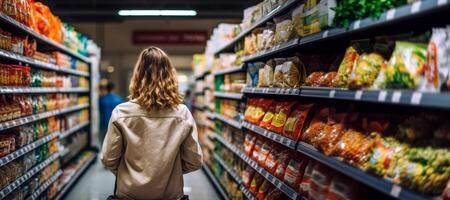 ai generado niña en el Tienda elige productos posterior ver generativo ai foto