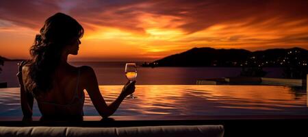 ai generado niña en el playa con un vaso de vino a puesta de sol generativo ai foto