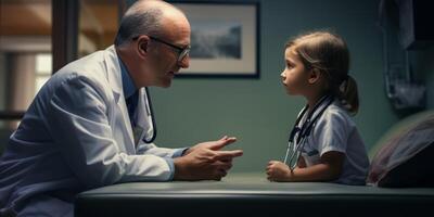 ai generado médico hablando a un niño generativo ai foto