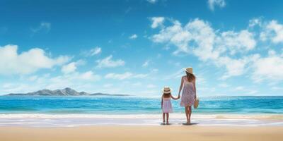 AI generated mother and daughter walk on the beach Generative AI photo