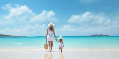 AI generated mother and daughter walk on the beach Generative AI photo