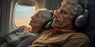 AI generated elderly couple  in the airplane cabin Generative AI photo