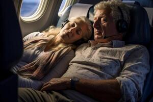 AI generated elderly couple  in the airplane cabin Generative AI photo