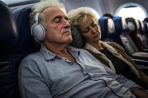AI generated elderly couple  in the airplane cabin Generative AI photo