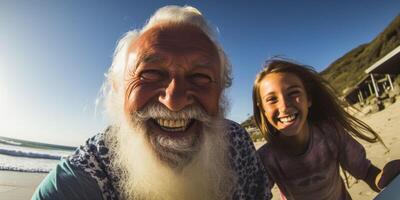 AI generated elderly surfer on the beach Generative AI photo