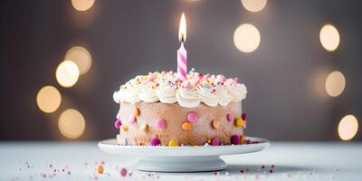 AI generated cake with candles on blurred background Generative AI photo