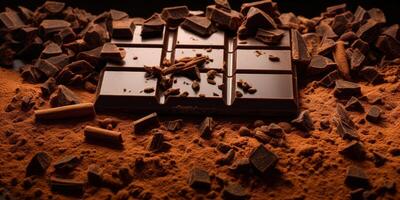 AI generated chocolate bar with cocoa powder Generative AI photo