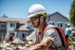 AI generated builder in a hard hat at a construction site Generative AI photo