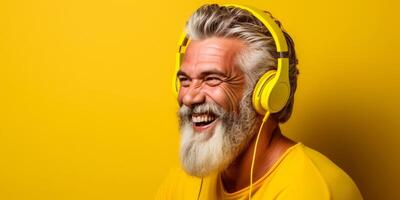 AI generated adult bearded man in headphones on a plain background Generative AI photo