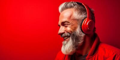 AI generated adult bearded man in headphones on a plain background Generative AI photo