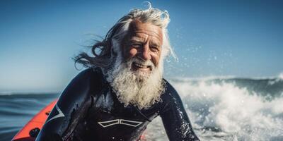 AI generated elderly man with surfer Generative AI photo