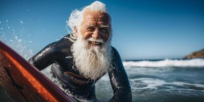 AI generated elderly man with surfer Generative AI photo