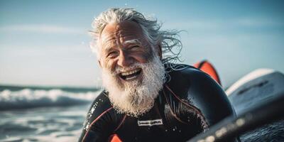 AI generated elderly man with surfer Generative AI photo