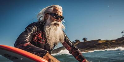 AI generated elderly man with surfer Generative AI photo