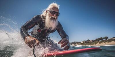 AI generated elderly man with surfer Generative AI photo