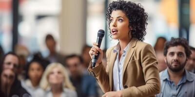 AI generated girl with microphone public speaking Generative AI photo