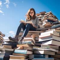 AI generated girl sitting on a mountain of books Generative AI photo