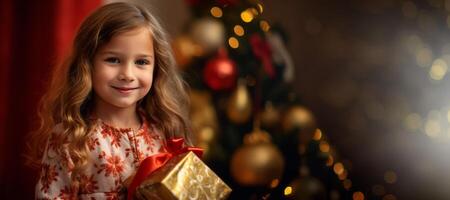 ai generado niño con un Navidad regalo generativo ai foto