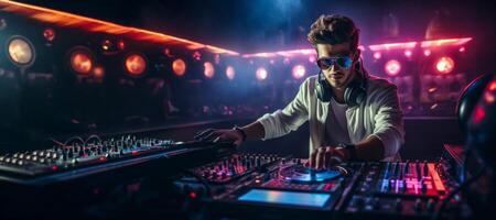AI generated DJ in a nightclub at the controls Generative AI photo