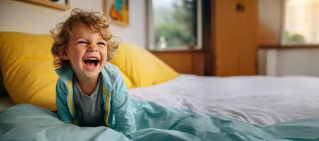 AI generated happy child laughs while playing in bed Generative AI photo