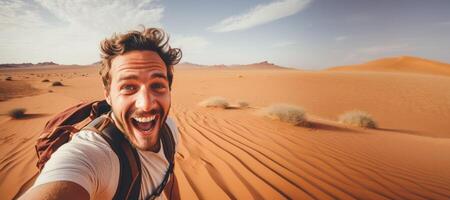 AI generated man taking selfie in desert Generative AI photo