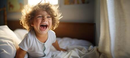 AI generated happy child laughs while playing in bed Generative AI photo