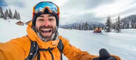 AI generated Selfie of a man skiing in the mountains Generative AI photo