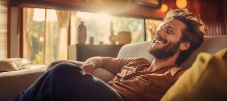 AI generated happy man relaxing lying on the sofa Generative AI photo