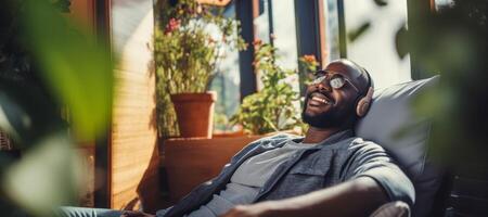 AI generated happy man relaxing lying on the sofa Generative AI photo