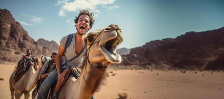 AI generated man riding a camel in the desert Generative AI photo