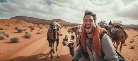 AI generated man riding a camel in the desert Generative AI photo