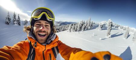 ai generado selfie de un hombre esquiar en el montañas generativo ai foto