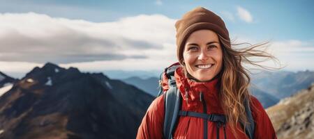 ai generado retrato de un mujer en el pico de un montaña turismo generativo ai foto