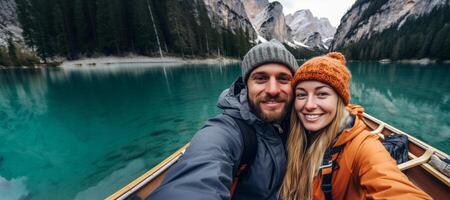 AI generated Selfie of a happy couple on a boat on the lake Generative AI photo