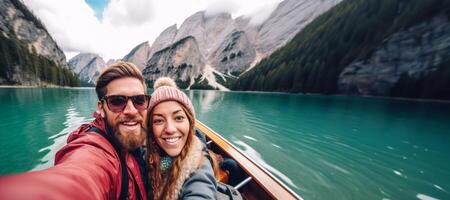 AI generated Selfie of a happy couple on a boat on the lake Generative AI photo
