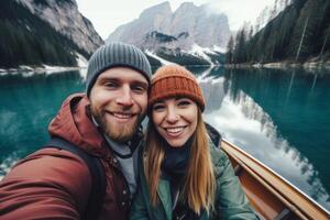 AI generated Selfie of a happy couple on a boat on the lake Generative AI photo