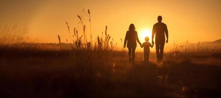 AI generated silhouette of a family with a child in a field at sunset Generative AI photo