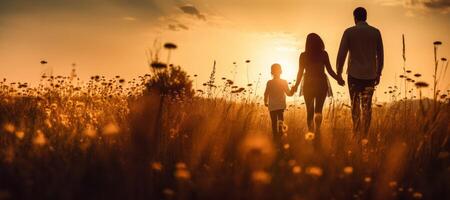 AI generated silhouette of a family with a child in a field at sunset Generative AI photo